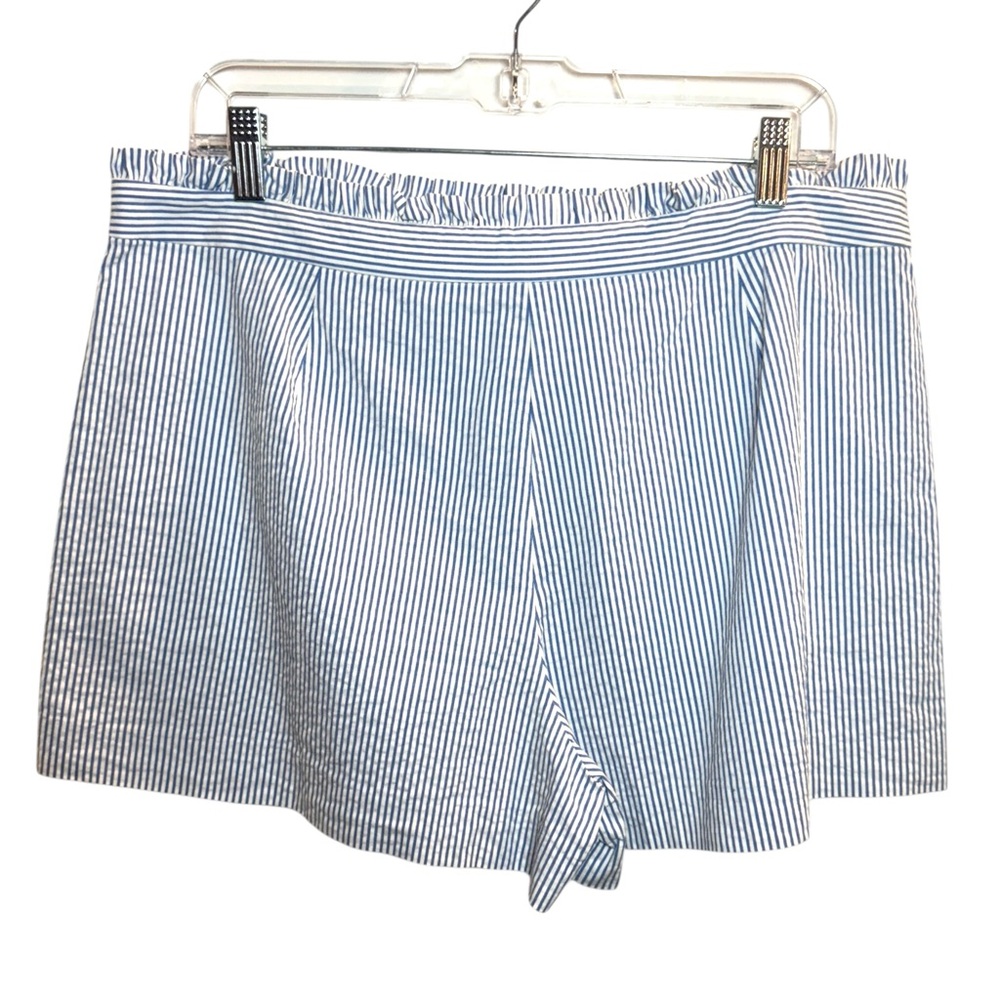 J Crew Size 12 Blue White Stripe Beachy Nautical Preppy Seersucker Ruffle Shorts - Picture 4 of 10